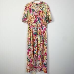 MSK Floral Palm Leaf Print Hi Low Dress Size Large Tropical Vacation Resort Boho